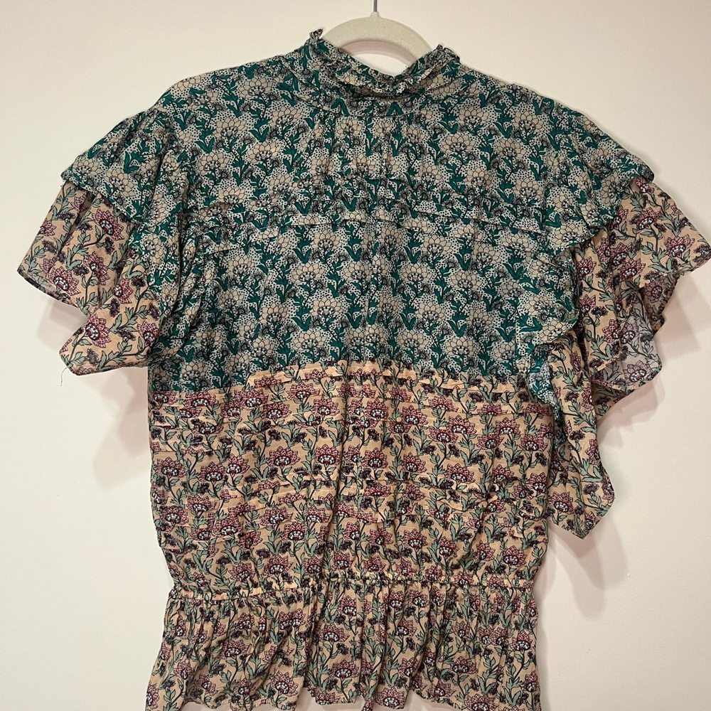 Anthropologie Teal & Cream Floral Ruffle Blouse